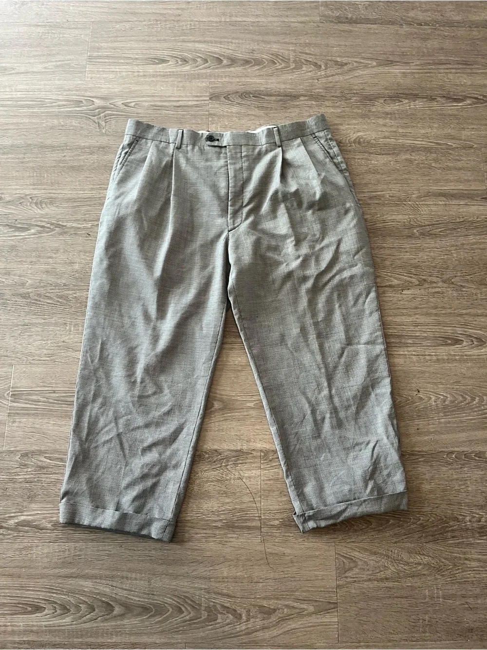Joseph & Feiss Wool Dress Pants Mens 40 Gray Houndstooth Pleated Cuffed Fancy